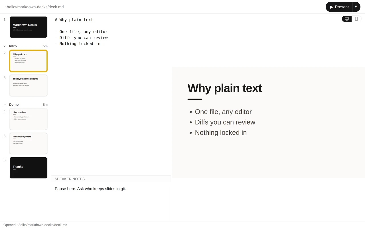 Peitho Studio with a deck open: the slide list with sections on the left, the Markdown editor and speaker notes in the middle, and the live slide preview on the right.